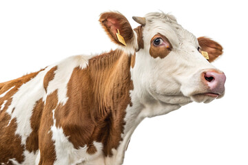 Brown cow with horns standing on white background in a rural farming setting 