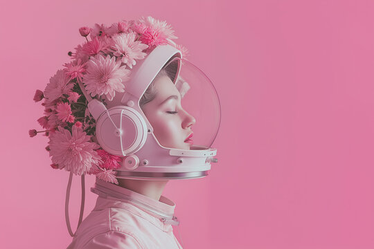 A young woman in a futuristic pink astronaut suit, surrounded by vibrant spring flowers, creating a dreamy and imaginative seasonal concept.
