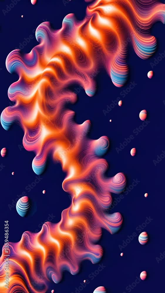 Poster a blue background with orange and purple swirls. there are many small circles in the background