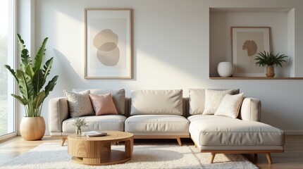 Naklejka premium Wide view of curved sofa, pillows, abstract art, wooden table on light rug, plant, soft light, elegant modern living space
