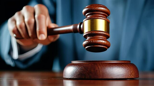 presiding, professional during wooden gavel striking soundblock Legal judicial proceeding video 4k