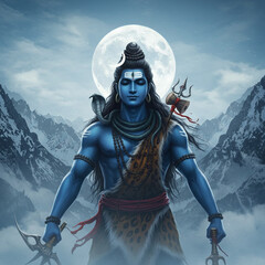 Naklejka premium Lord Shiva Standing Powerfully Before Mountains Under Full Moon with Trishula