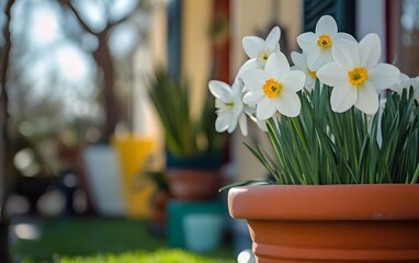 Beautiful White Daffodils in Terracotta Pot, Spring Flowers in Garden
