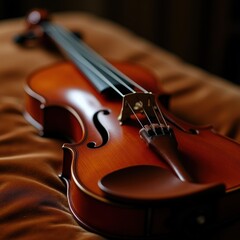 Mahogany violin and bow on brown velvet, soft light highlights curves, warm and sophisticated classical scene.