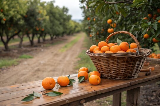 Freshly picked oranges in basket at orchard.  Ripe oranges in a wicker basket on a wooden table, set in a vibrant orchard with fruit-laden trees and a dirt path