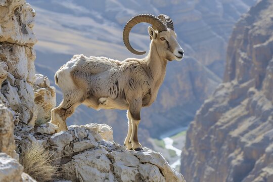 Capra aegagrus Bezoar ibex standing proudly rocky cliffside Middle East long curved horn spiraling toward sky ibex's powerful muscle thick rugged fur contrast barren yet beautiful landscape Below