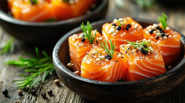 Fresh salmon cubes, seasoned with herbs and spices