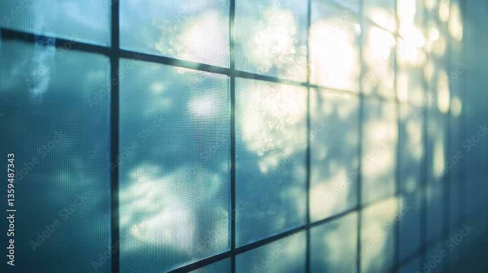 Poster sunlight gently pours through a textured glass panel, creating calming reflections and delicate patt