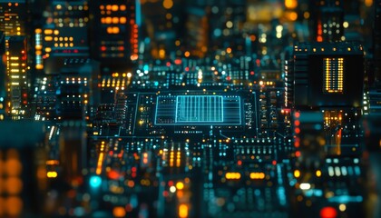 Abstract Digital City Glowing Geometric Circuitry On Dark Microchip, Modern Technology Background