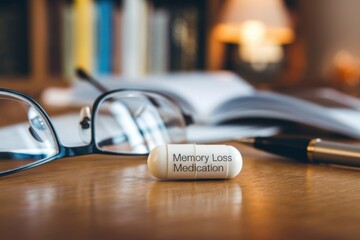 White pill labeled with memory loss medication next to glasses and an open notebook on a wooden desk in a quiet study