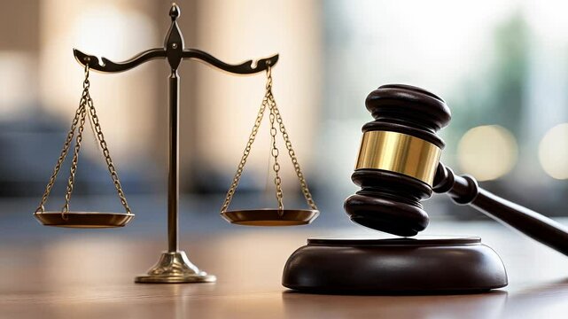 Gavel and judgment of justice are placed on a wooden desk, representing legal decisions and fair scale video 4k