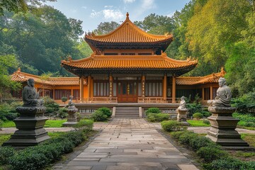 Fototapeta premium Elegant Chinese Garden with Stone Lanterns and Pathways for Tranquility