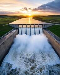 Water crisis solutions and awarenes. Hydroelectric Dam at Sunset: Aerial View of Water Flowing Over Concrete Structure