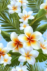 Fototapeta premium Vibrant Plumeria Flowers and Lush Tropical Leaves Seamless Pattern