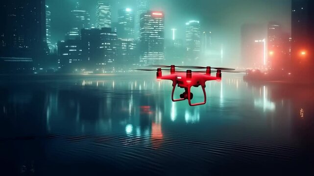 Drone flight video, aerial view of a futuristic cityscape at night with fog, technology,