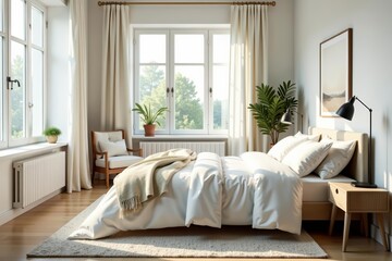 Bright and airy bedroom with soft bedding, minimal decor, and window view, minimal, bright