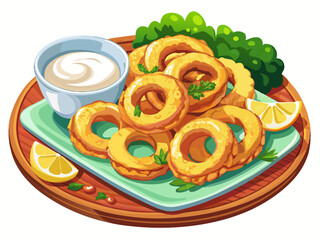 vector of  A tempting plate of crispy, deep-fried calamari rings, served hot and fresh with a creamy dipping sauce, is a crowd-pleasing appetizer for any occasion and ..
