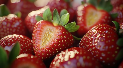Close-up of fresh, juicy strawberries.  A vibrant display of red berries, showcasing their detail and freshness