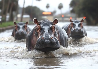 Fototapeta premium Several hippopotamuses wading together through the watery environment in close proximity