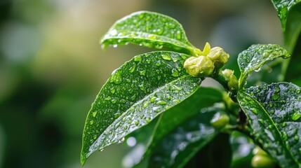 Obraz premium Kava Plant from Polynesia. Green Leaf Closeup in Fresh Garden Rain