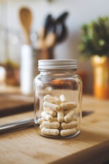 Clear glass jar filled with standard capsules on a wooden countertop in a well-lit kitchen