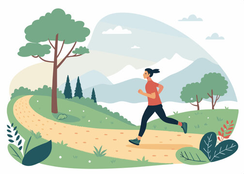 Person jogging along a scenic path in a lush green landscape with mountains in the background
