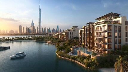Fototapeta premium Lighthouse in Dubai offering luxury apartments with bespoke interiors, natural light-filled spaces, and private outdoor areas, a perfect blend of style and tranquility. 