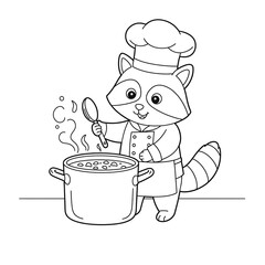 Line drawing of raccoon chef stirring pot of soup, wearing chef's hat and apron, symbolizing cooking, culinary arts, or children's illustration