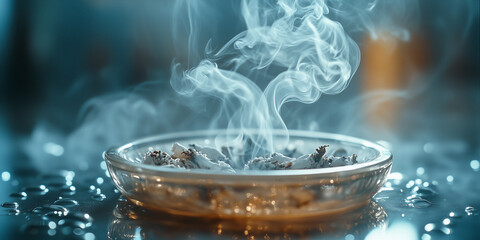 Plume of cigarette smoke rising from an ashtray in a cozy indoor setting during evening hours
