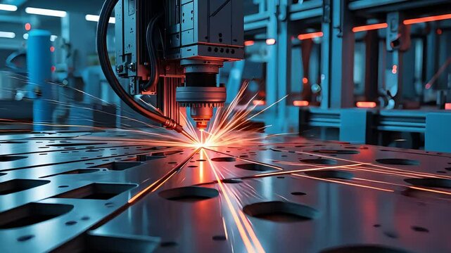 Industrial Laser Cutting Machine Processing Metal Sheet in High-Tech Manufacturing Factory with Bright Sparks

