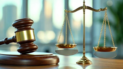 A is gavel in resting beside the scales of justice wooden a warmly lit, blurry courtroom background, symbolizing legal proceedings and the judicial system video 4k