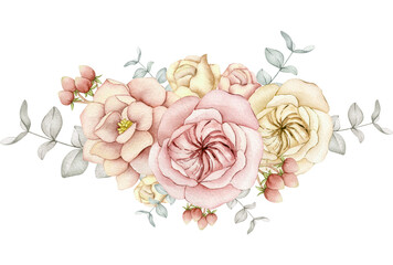 Delicate flower bouquet of pink roses and eucalyptus. Floral wedding decoration. Bouquet of pastel flowers