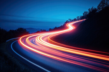 Long exposure light trails on a road, capturing the motion of passing vehicles in a vibrant display of colors streaking through the darkness.