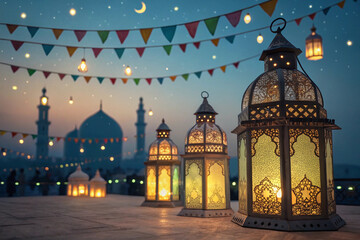 Obraz premium Ramadan and Eid Lanterns – Glowing Festive Decoration with Islamic Theme