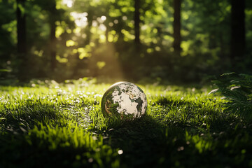 Globe nestled in lush green grass, bathed in sunlight filtering through trees, symbolizing environmental conservation and global harmony