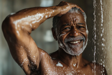 Senior African American man in the shower 