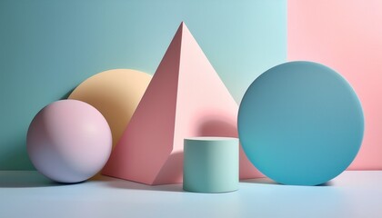 Abstract 3D geometric shapes in pastel colors, soft shadows, clean and minimalistic design