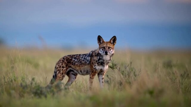 A jackal prowls the savanna at dusk, its sharp eyes scanning the surroundings as it moves silently through the tall grass, hunting for prey