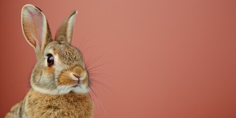 Obraz premium Adorable Brown Rabbit on Warm Terracotta Background with Copy Space – Easter, Pet Care, and Nature Concept.