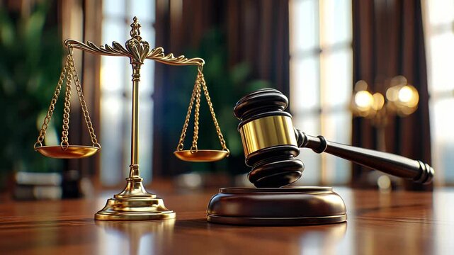 A wooden gavel is resting the beside scales of justice in a warmly lit, blurry courtroom background, symbol legal proceedings and the judicial system video 4k