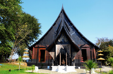 Ancient wood building Baandam Museum of Thawan Duchanee or antique wooden architecture Black House Baan Dam Gallery for thai people travelers travel visit on February 22, 2015 in Chiang Rai, Thailand