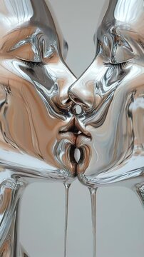 Artistic depiction of two figures kissing in a shiny metallic form showcasing love and connection in a modern artistic interpretation. Ideal for Social Media, Stories
