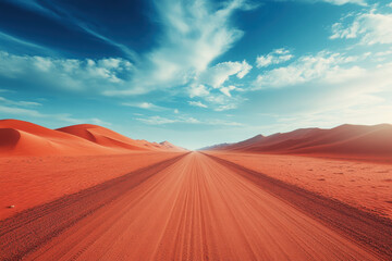 Red desert road cutting through vast Sahara Desert under clear blue sky. Sand dunes and sparse vegetation on either side.