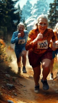 Elderly women jogging in the mountains during a vibrant autumn day enhancing fitness and community spirit. Ideal for Social Media, Stories, Advertising