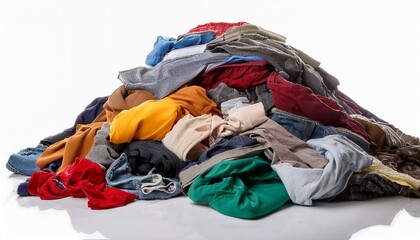 a colorful mix of dirty clothes in a chaotic heap ready for washing on white
