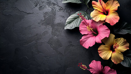 Beautiful hibiscus flowers in pink and yellow colors on a black background with copy space for text.