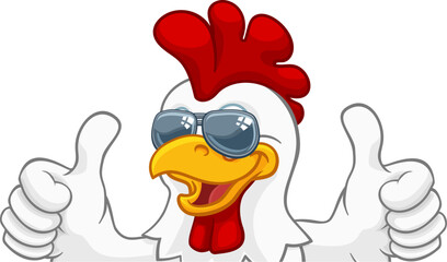 A chicken rooster cockerel bird cartoon character in cool shades or sunglasses peeking over a sign and giving a double thumbs up