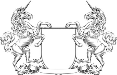 A heraldry crest unicorn horse family coat of arms heraldic shield emblem design in an old medieval vintage style © Christos Georghiou