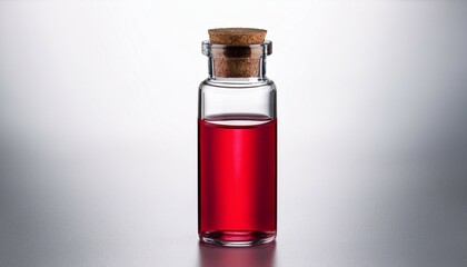 clear glass vial filled with vibrant red liquid on white background