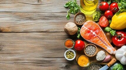 A vibrant assortment of fresh ingredients including salmon, tomatoes, herbs, and spices arranged on a rustic wooden surface, ideal for culinary creations.